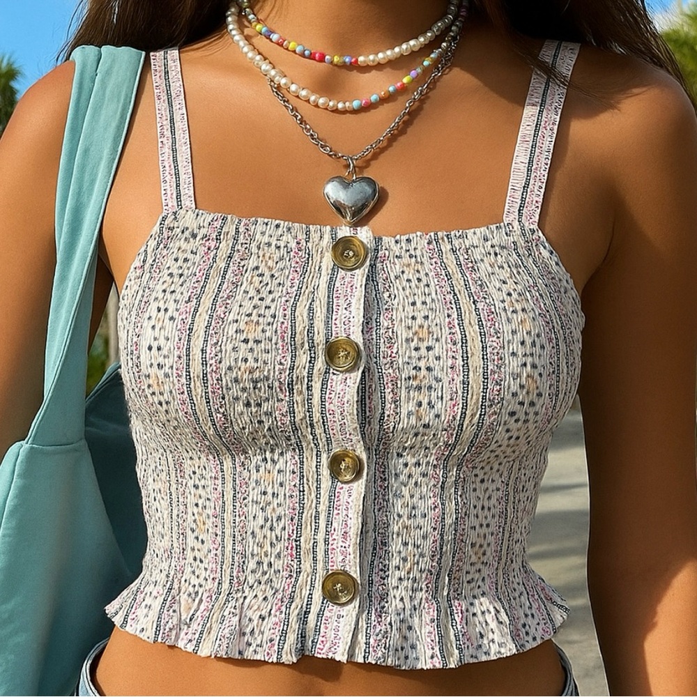 Japna Smocked Tank Top Sz M Ruffles Button Down White Colorful Polka Dot Y2K 00’